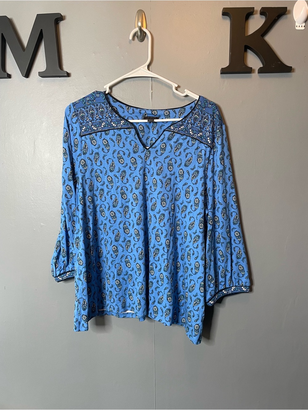 J Jill Women's Wearever Border Yoke Top Long Sleeve Blue Tunic Blouse size LP